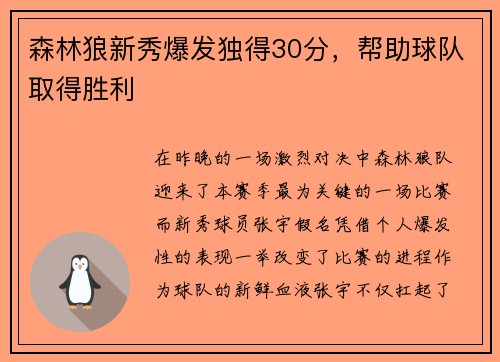 森林狼新秀爆发独得30分，帮助球队取得胜利